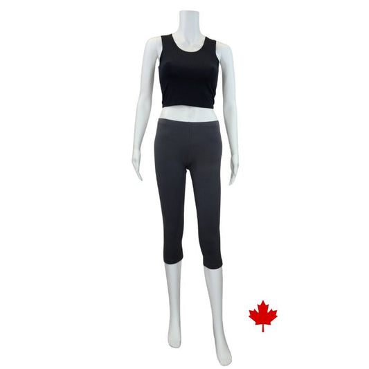 white mannequin wearing charcoal grey elle 3/4 length leggings and black stephanie crop tank top front view on white background