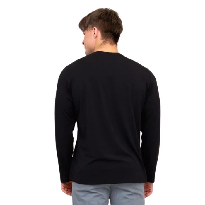 top half of male model wearing black adam long sleeve shirt back view on white background