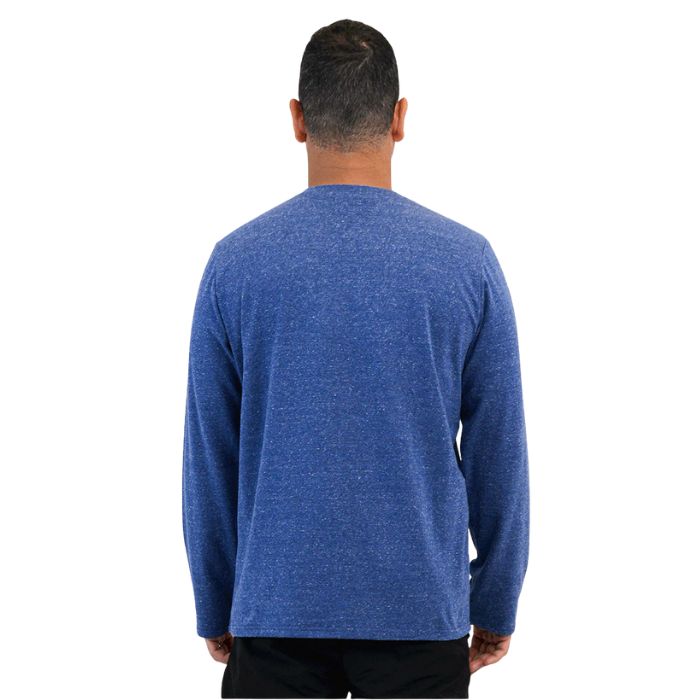 top half of male model wearing denim blue adam long sleeve shirt back view on white background