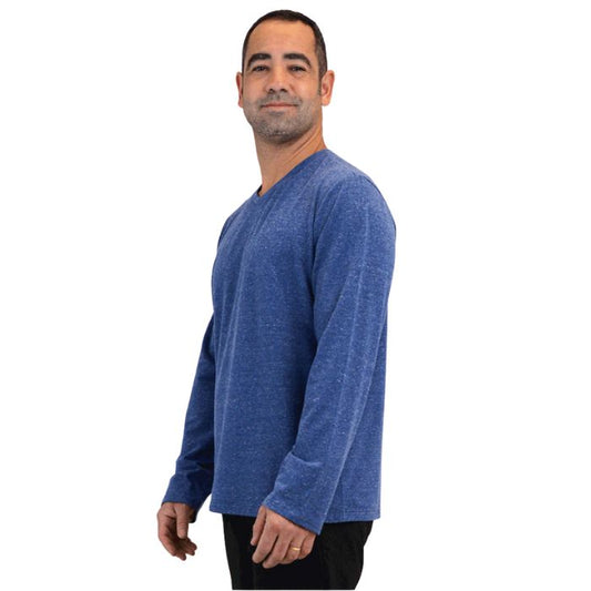 top half of male model wearing denim blue adam long sleeve shirt side view on white background