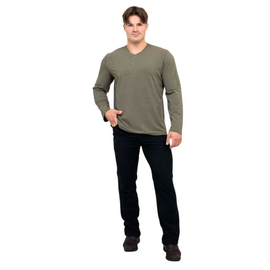 male model wearing khaki green adam long sleeve shirt and black pants front view on white background