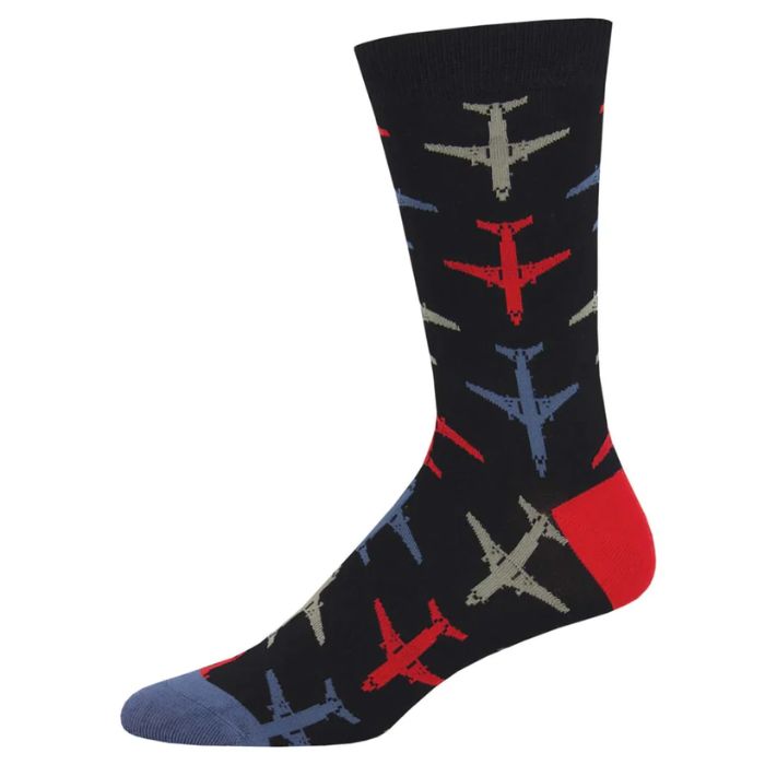 black crew sock with blue, red and grey airplane print on white background