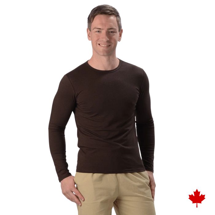 male model wearing brown aron long sleeve top front view on white background