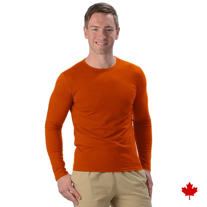 male model wearing black aron long sleeve top front view on white background