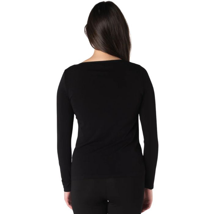 top of female model wearing black aurora long sleeve top back view on white background