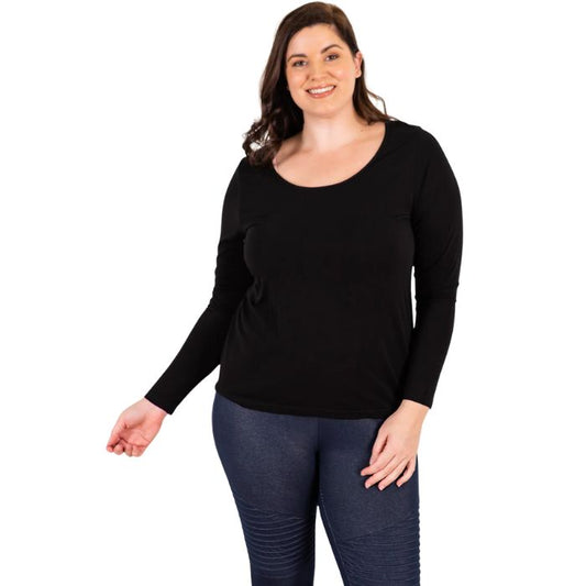 top of female model wearing black aurora long sleeve top front view on white background