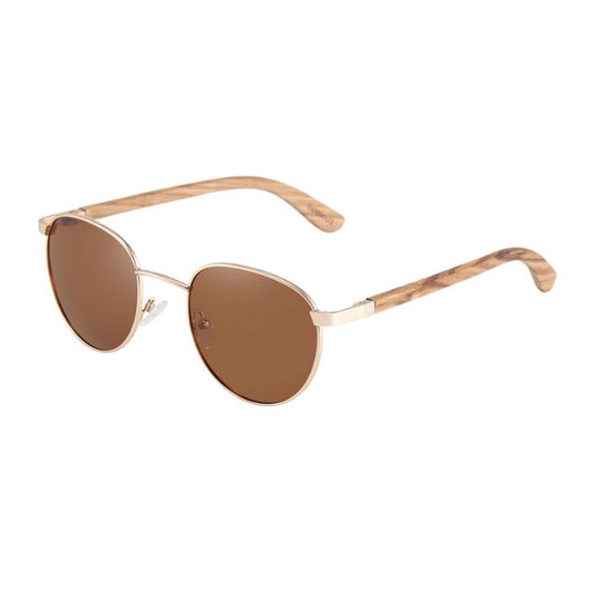 bali sunglasses gold wire frames and brown lenses over view of sunglasses on white background