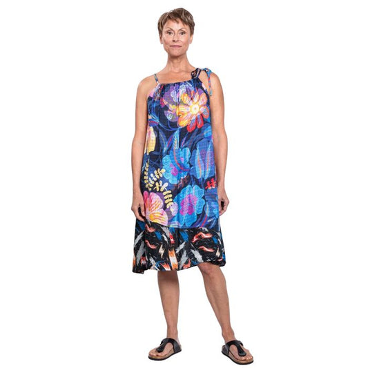 woman wearing fruity print beach dress front view set on a white background
