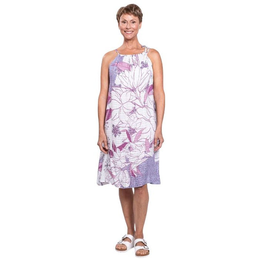 woman wearing reina print beach dress front view set on a white background