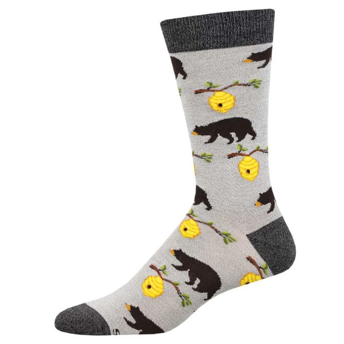 bears and bees light grey crew sock with bears and beehives print on white background