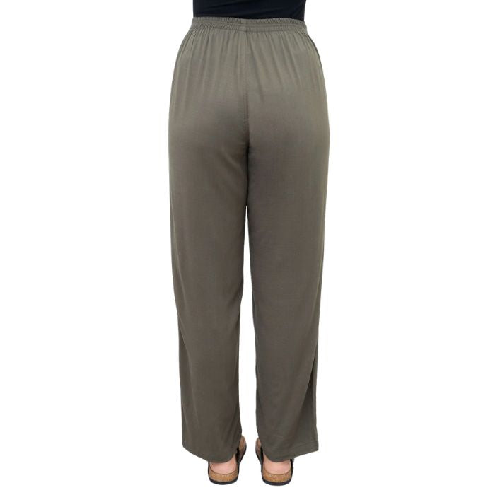 female model wearing khaki green bella pants back view on white background
