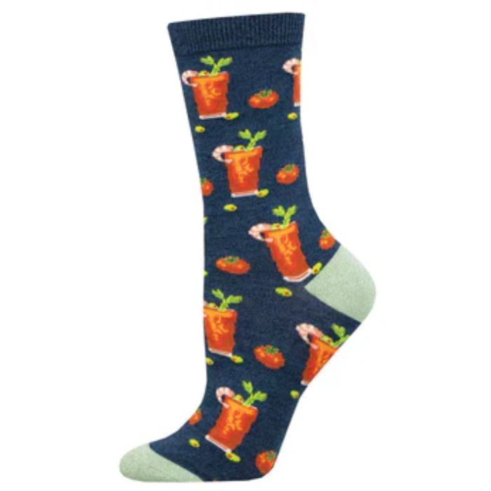 Bloody good drink sock blue crew sock with bloody Mary drink cocktail print on white background