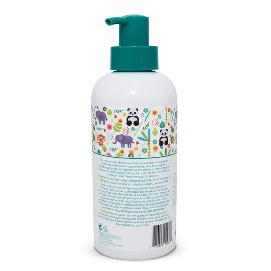 Natural baby shampoo and body wash back view of 600ml bottle with pump on white background