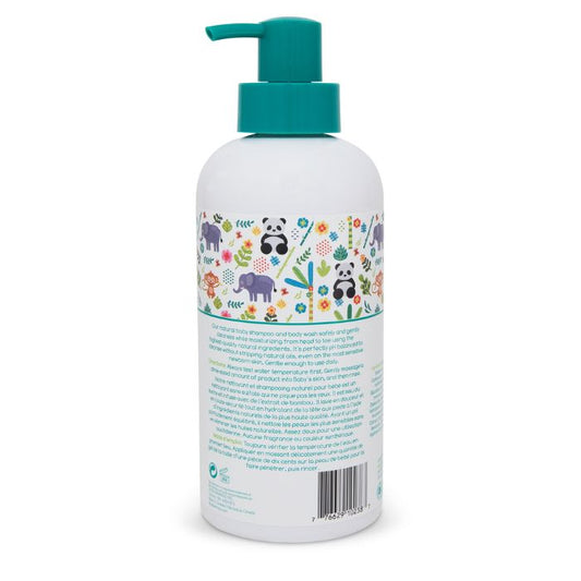 Natural Baby Shampoo & Body Wash unscented cleanser back view of 600ml bottle with pump on white background