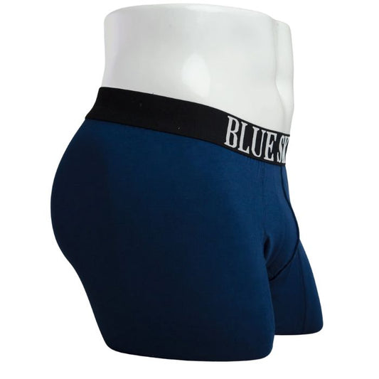 body of white male mannequin wearing indigo blue boxer 2.0 boxer brief undershorts side view on white background