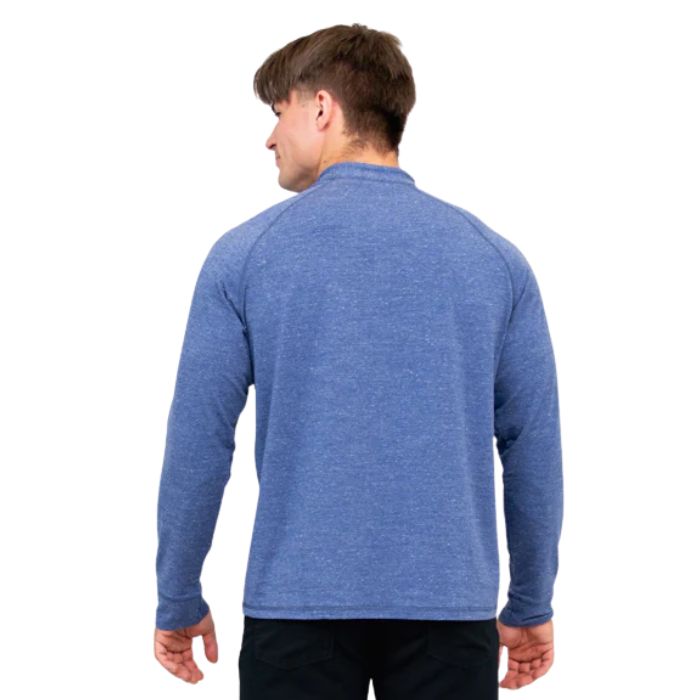 top half of male model wearing denim blue brody long sleeve henley shirt back view on white background