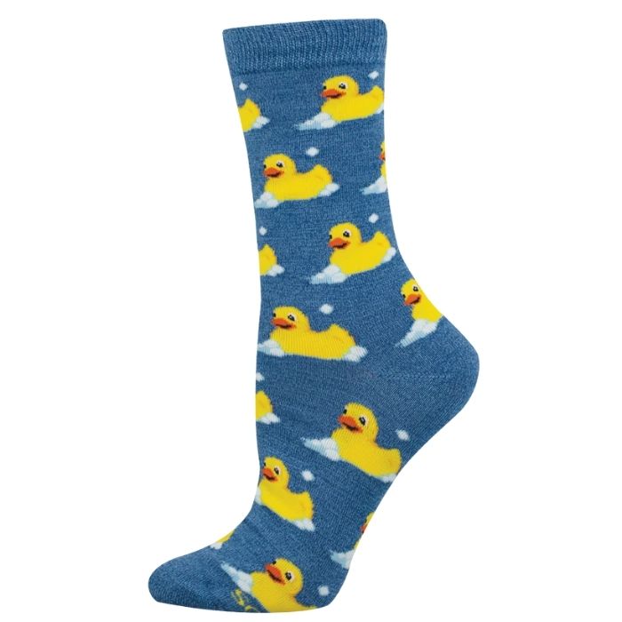 blue crew sock with yellow rubber ducks print on white background