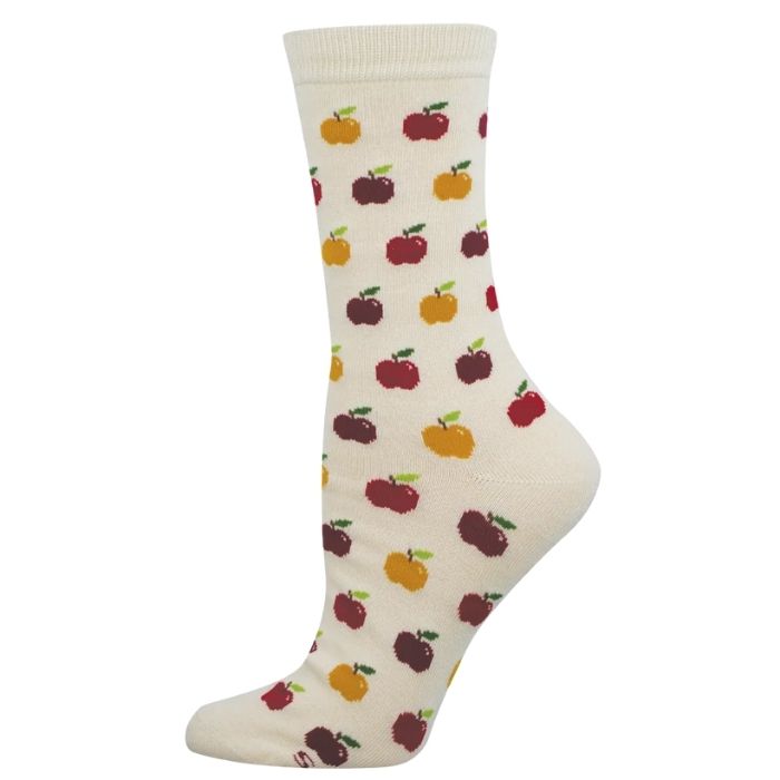 ivory white crew sock with colourful apples print on white background