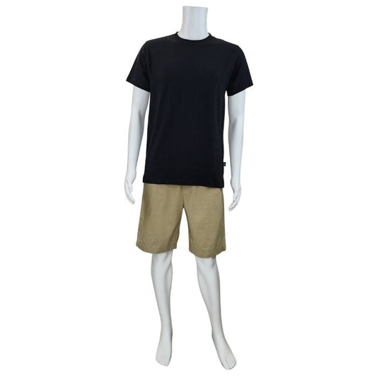 white mannequin wearing black charlie crew neck t-shirt and taupe craig shorts front view on white background
