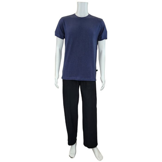white mannequin wearing blue charlie crew neck t-shirt and black jeff pants front view on white background