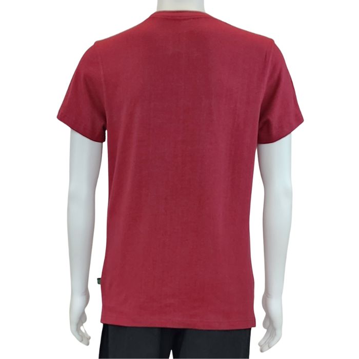 top of white mannequin wearing burgundy red charlie crew neck t-shirt back view on white background