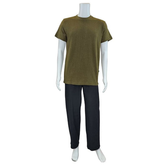 white mannequin wearing olive green charlie crew neck t-shirt and black jeff pants front view on white background