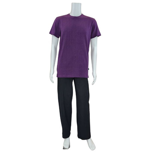 white mannequin wearing plum purple charlie crew neck t-shirt and black jeff pants front view on white background