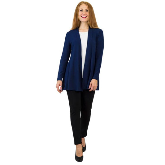 female model wearing indigo blue chopra jacket, white reanna tank top and black nadia pants front view on white background
