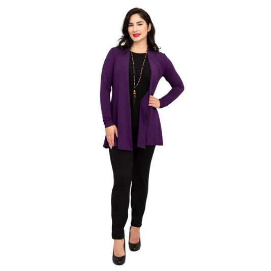 female model wearing royale purple chopra jacket, black reanna tank top and black nadia pants front view on white background