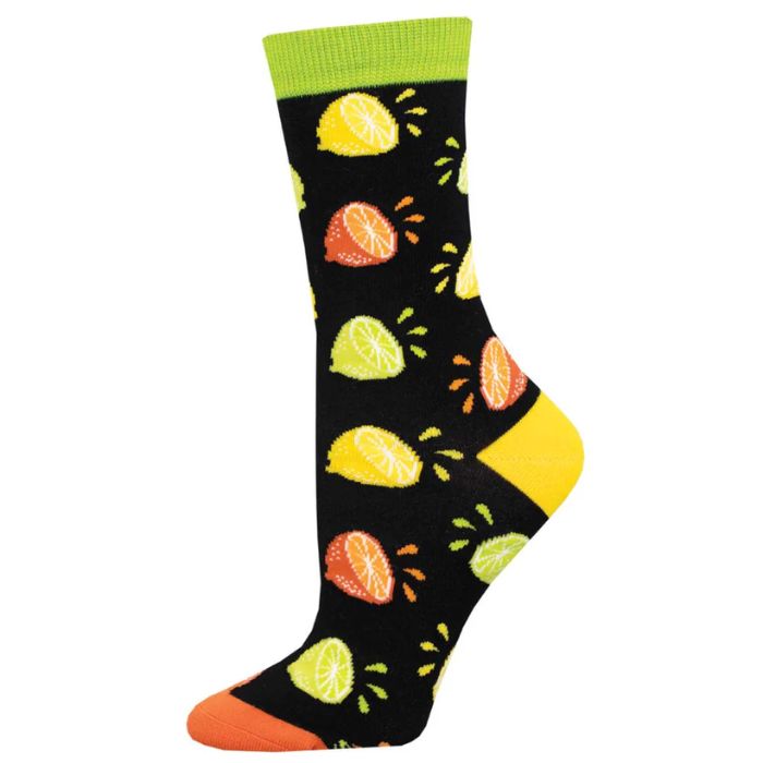 Citrus squeeze sock black sock with lemon and orange halves print on white background