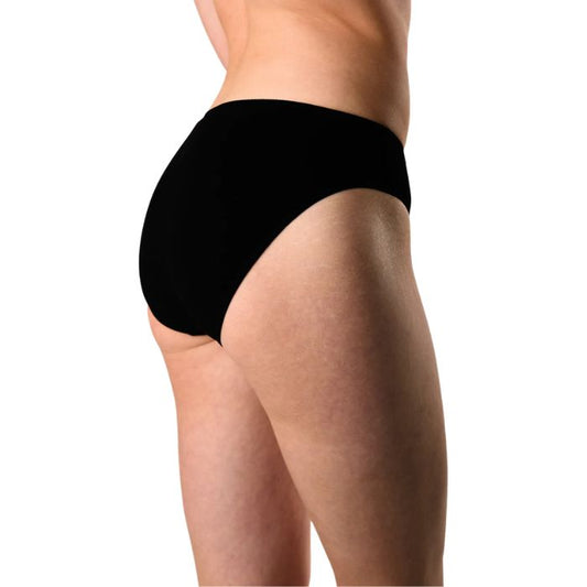 body of female model wearing black classic cut panties side view on white background