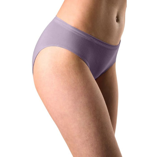 body of female model wearing dusty purple classic cut panties side view on white background
