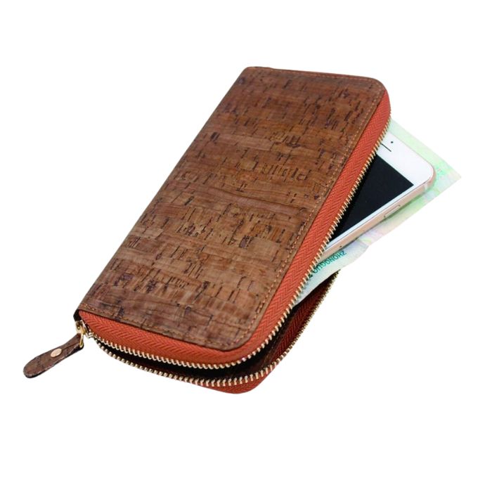bark brown clutch cork wallet on white background