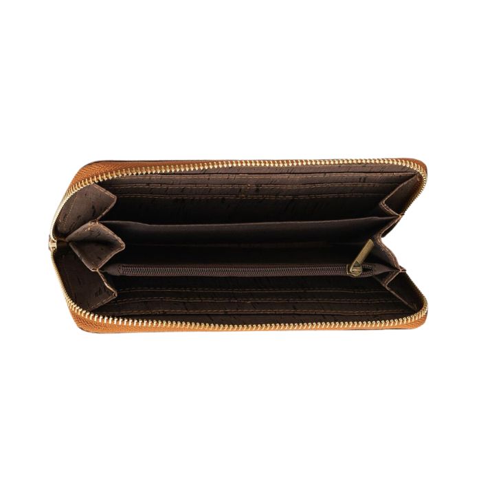 black cork clutch wallet open on white background