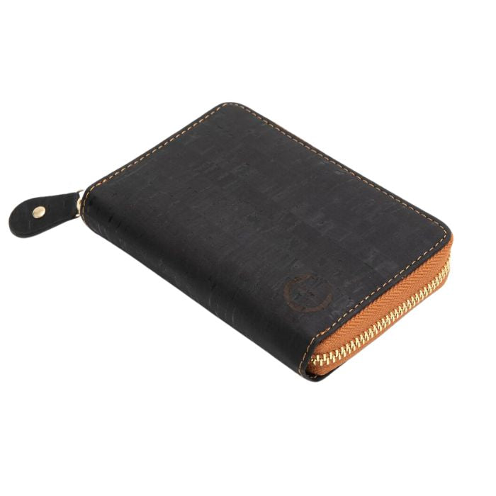 black cork zip-up wallet on white background