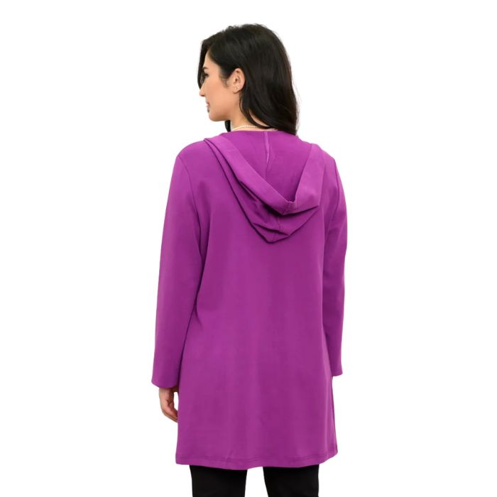 a woman wearing grape juice purple cortes jacket waist up front view set on a studio white background