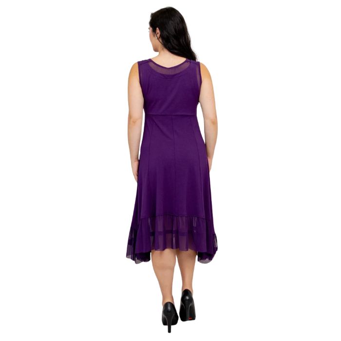 woman wearing royale purple danube dress back view set on a white background