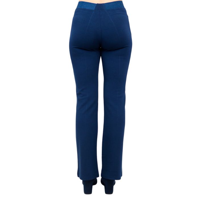 female model wearing indigo blue daya petite pants waist down back view on white background