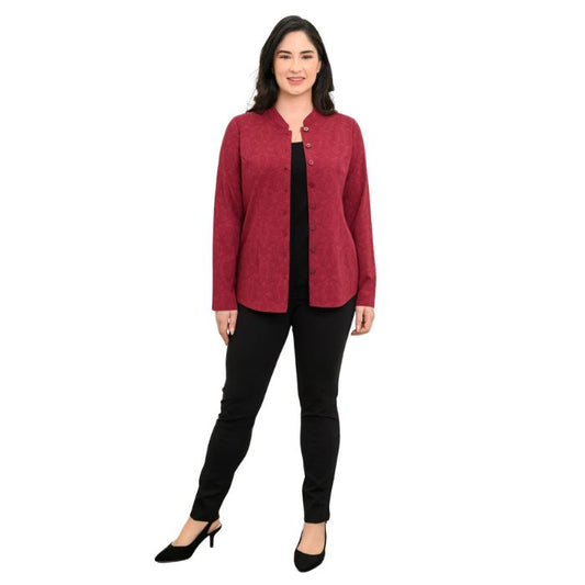 a woman wearing crimson empire print debbie blouse and black nadia pants front view set on a studio white background