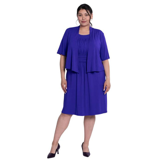 female model wearing violet purple doda jacket and violet purple roam dress front view on white background