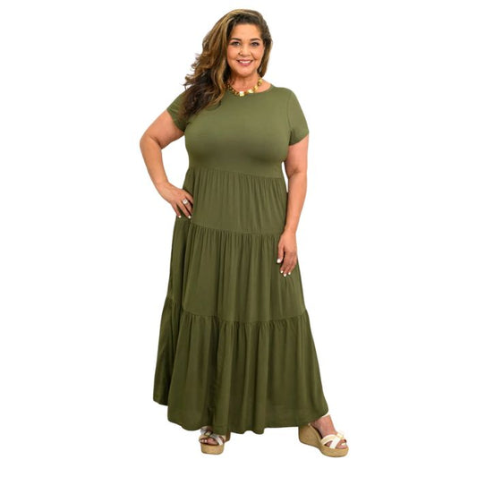 female model wearing khaki green erin dress front view on white background