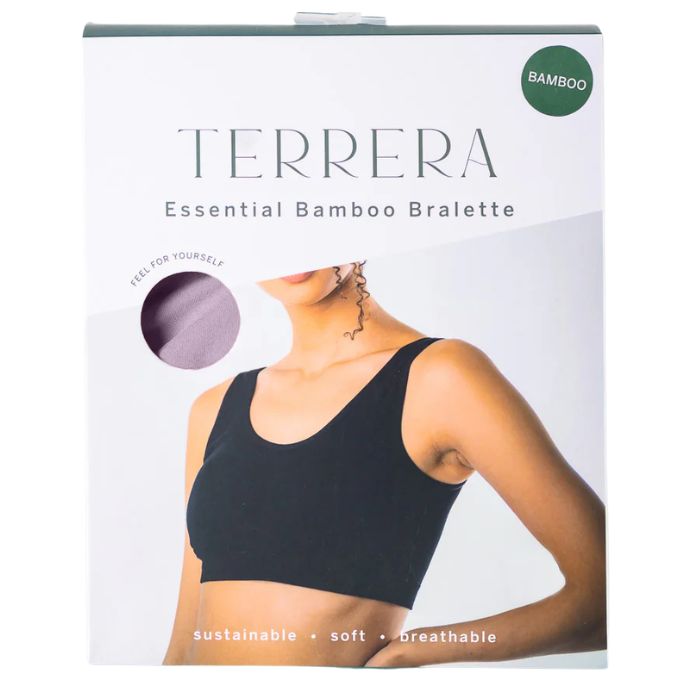 dusty purple essential bralette package front view on white background