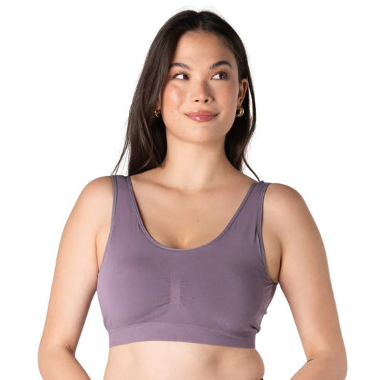 female model wearing dusty purple essential bralette front view on white background
