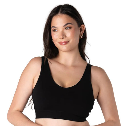 female model wearing black terrera essential v-neck bralette front view on white background