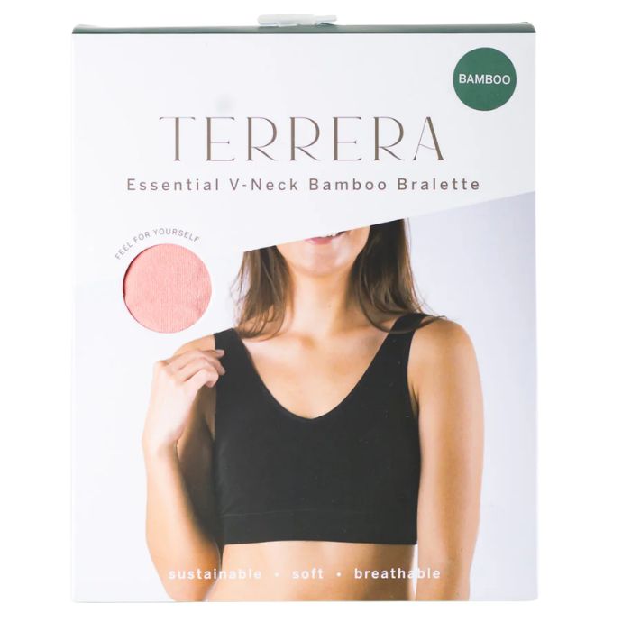 pink terrera essential v-neck bralette package front view on white background