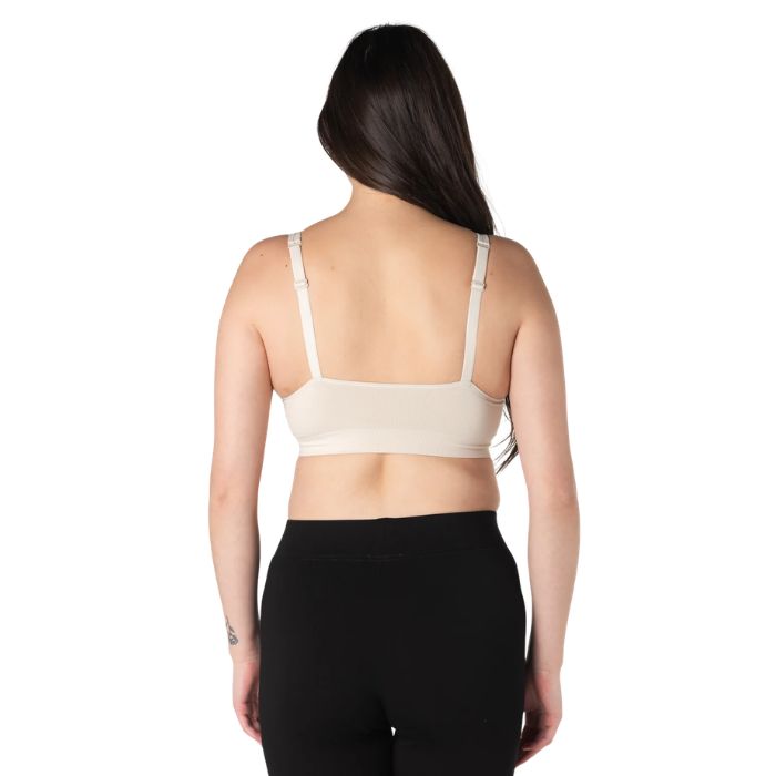 female model wearing cream white everyday adjustable bralette back view on white background