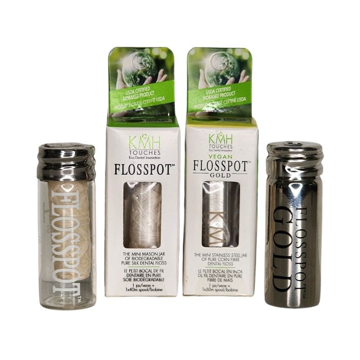 flosspot and flosspot in package, floospot gold and flosspot gold in package front view on white background