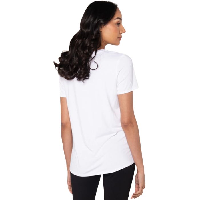 top of female model wearing white gracie crew neck t-shirt back view on white background