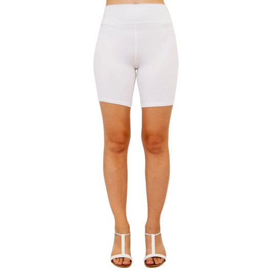 female model wearing white hallie shorts front view on white background