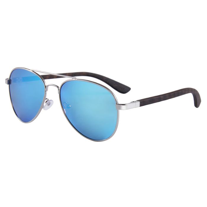 hawaii sunglasses silver wire frames and blue mirror lenses over view on white background